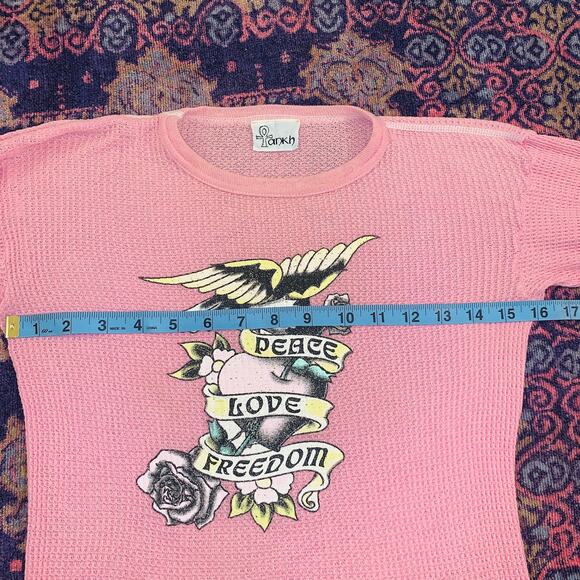 VINTAGE 90's ANKH PINK THERMAL TOP-XS-Peace Love Freedom Tattoo Biker - Picture 4 of 7